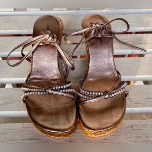 ERIC MICHAEL Metallic Wedge Ankle Wrap Sandals with Swarovski crystals; Size 40